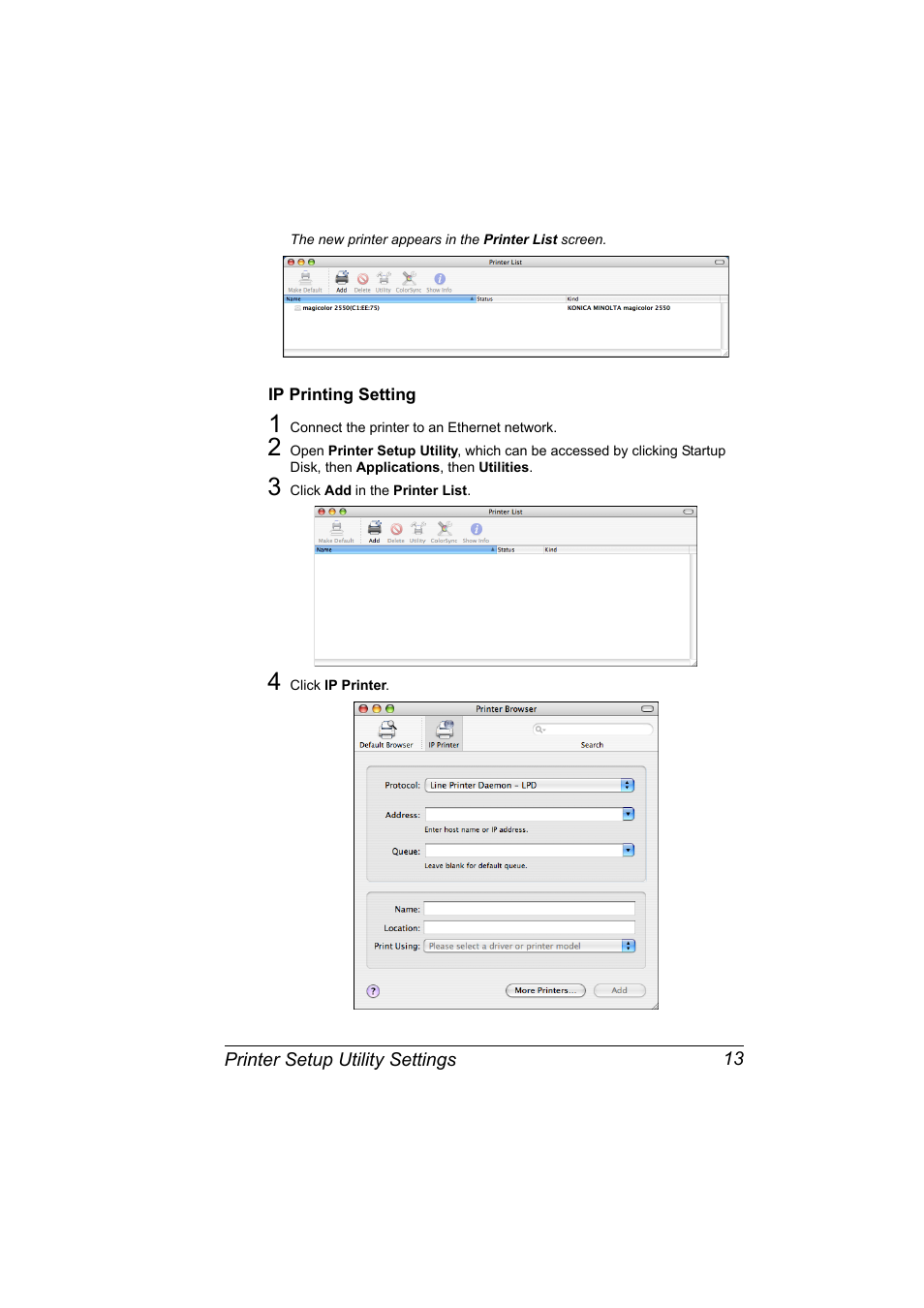 Ip printing setting, Ip printing setting 13 | Konica Minolta Magicolor 2550 User Manual | Page 29 / 230