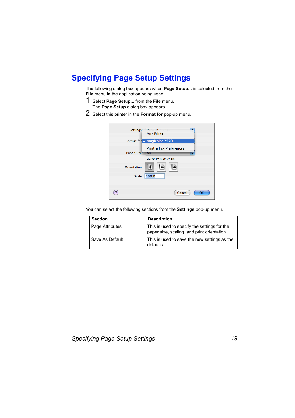 Specifying page setup settings | Konica Minolta Magicolor 2550 User Manual | Page 35 / 230