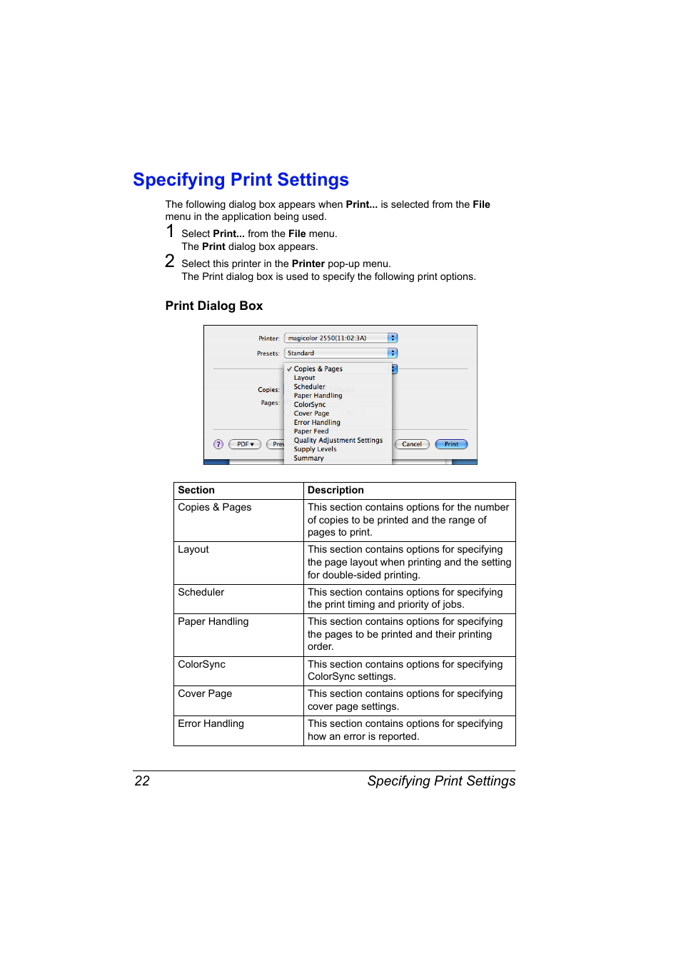 Specifying print settings, Print dialog box, Specifying print settings 22 | Print dialog box 22 | Konica Minolta Magicolor 2550 User Manual | Page 38 / 230