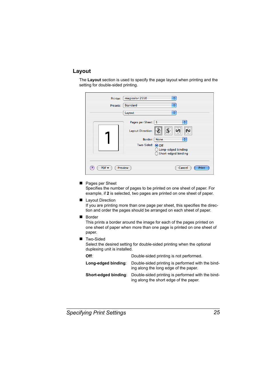 Layout, Layout 25, Specifying print settings 25 layout | Konica Minolta Magicolor 2550 User Manual | Page 41 / 230