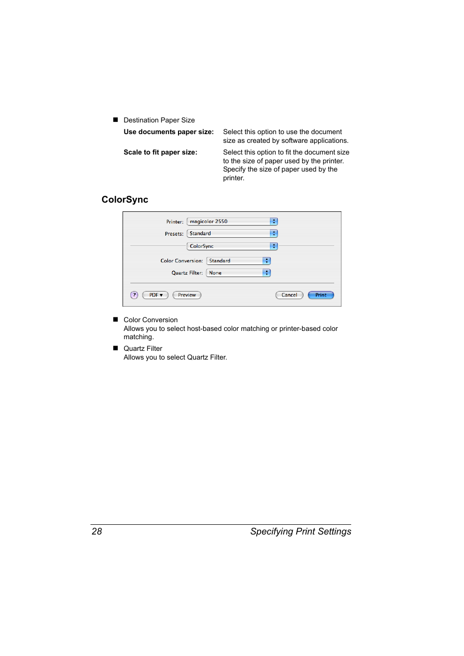 Colorsync, Colorsync 28, Specifying print settings 28 | Konica Minolta Magicolor 2550 User Manual | Page 44 / 230