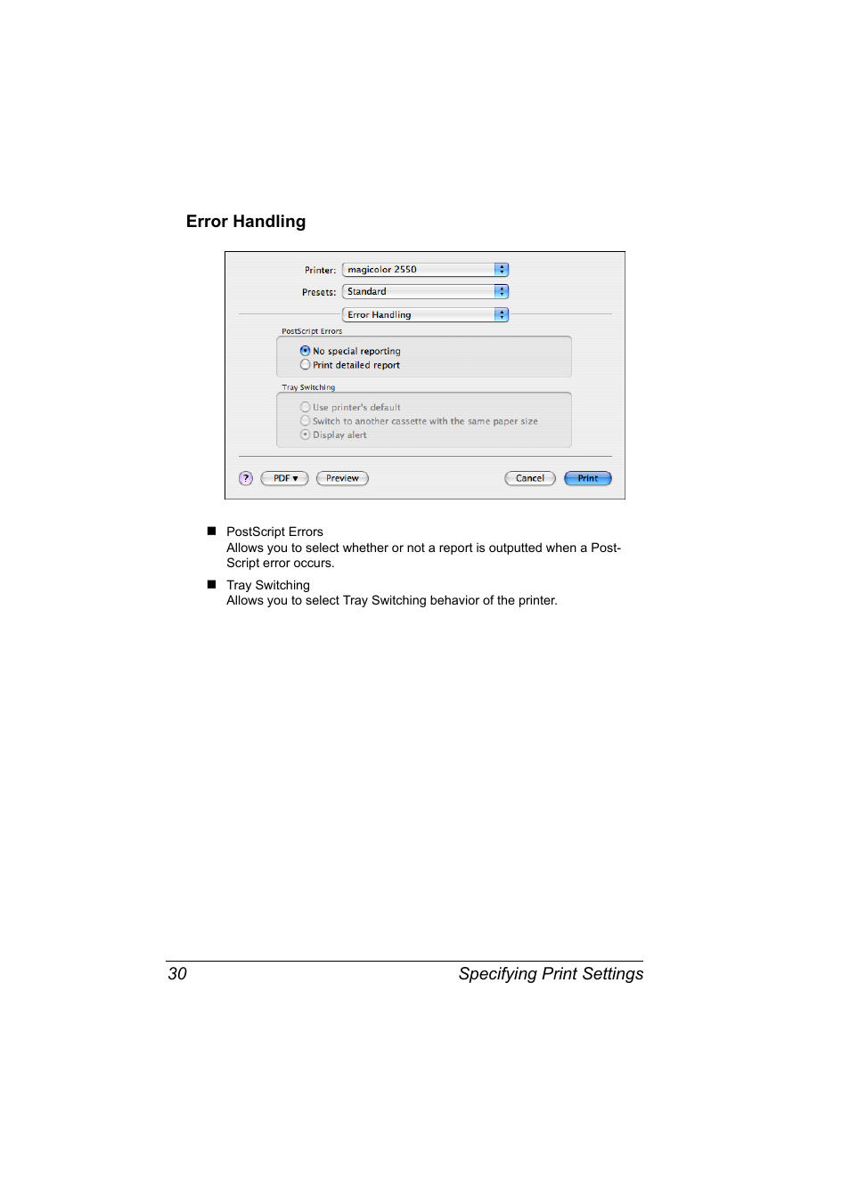 Error handling, Error handling 30 | Konica Minolta Magicolor 2550 User Manual | Page 46 / 230