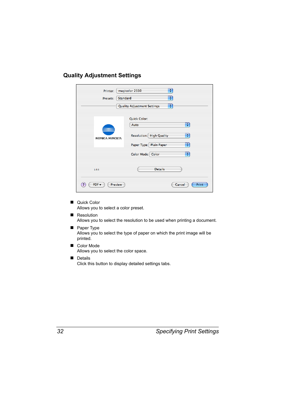 Quality adjustment settings, Quality adjustment settings 32 | Konica Minolta Magicolor 2550 User Manual | Page 48 / 230
