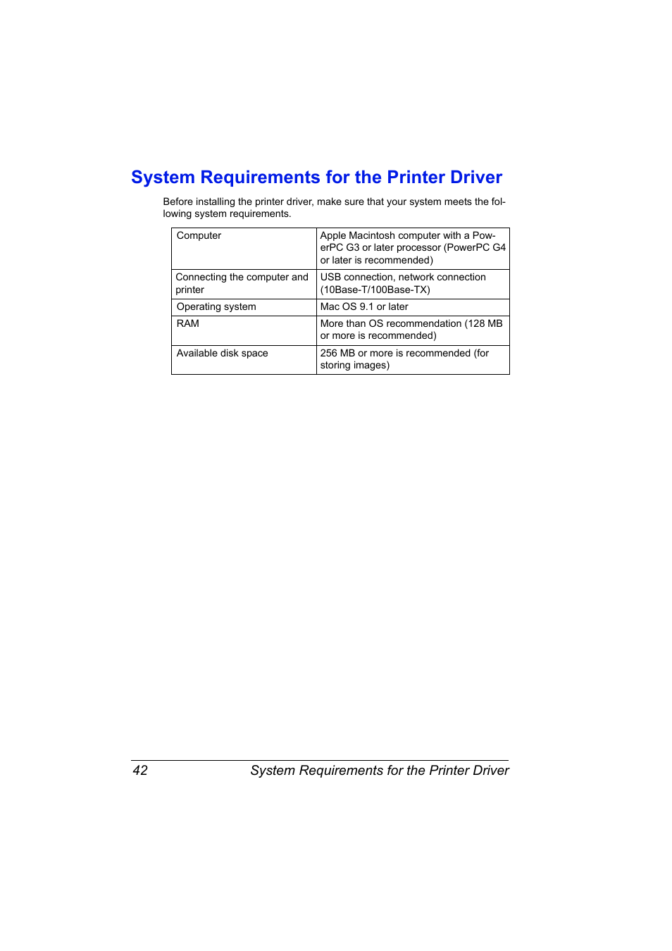 System requirements for the printer driver, System requirements for the printer driver 42 | Konica Minolta Magicolor 2550 User Manual | Page 58 / 230