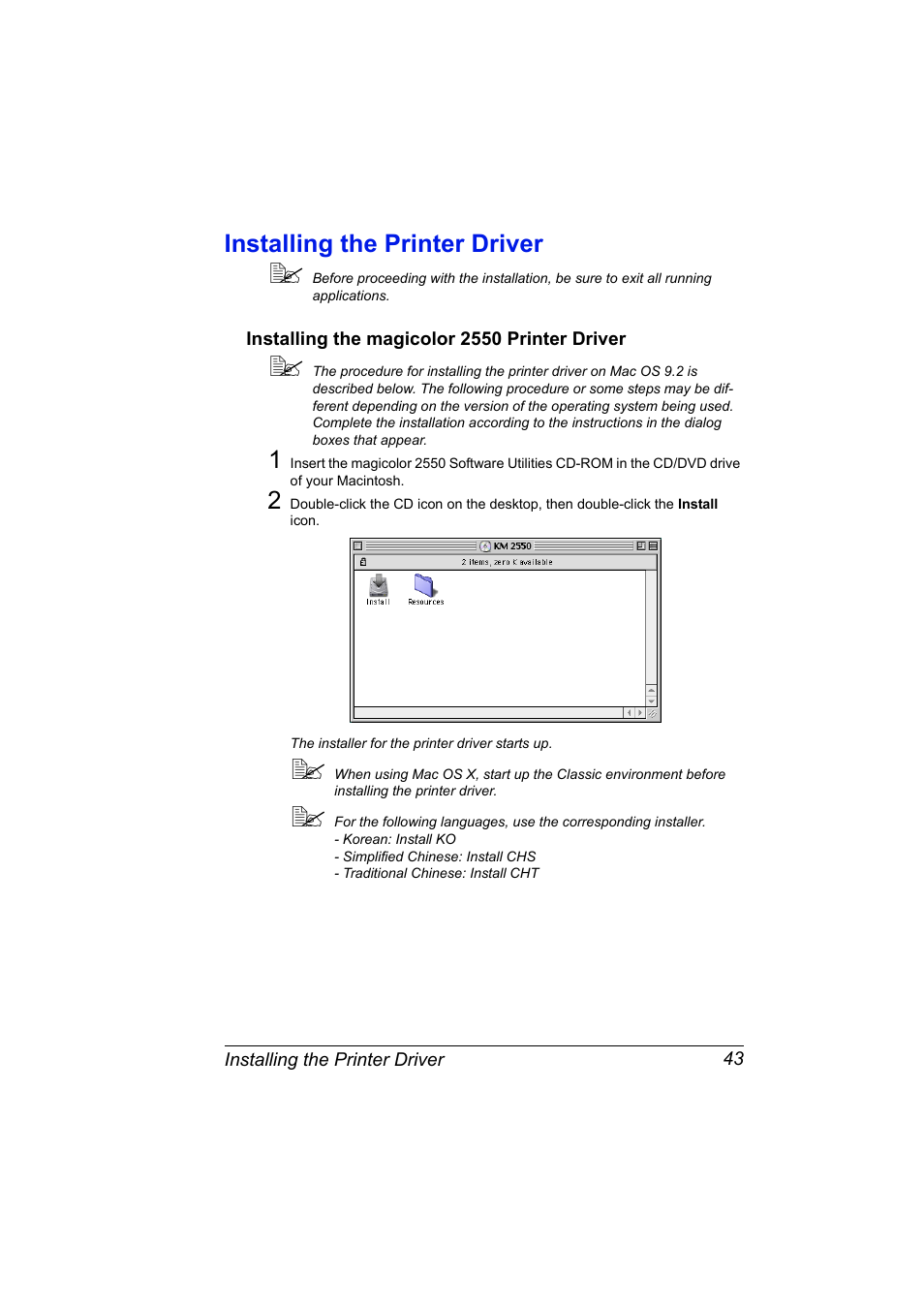 Installing the printer driver, Installing the magicolor 2550 printer driver, Installing the printer driver 43 | Installing the magicolor 2550 printer driver 43 | Konica Minolta Magicolor 2550 User Manual | Page 59 / 230