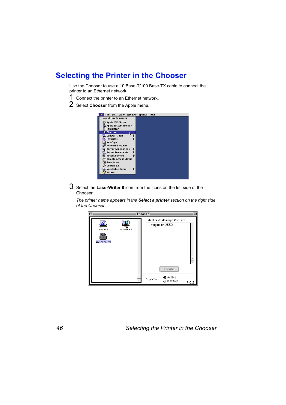 Selecting the printer in the chooser, Selecting the printer in the chooser 46 | Konica Minolta Magicolor 2550 User Manual | Page 62 / 230