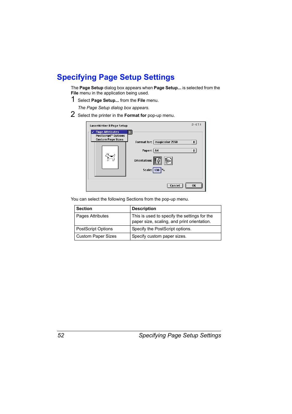 Specifying page setup settings | Konica Minolta Magicolor 2550 User Manual | Page 68 / 230