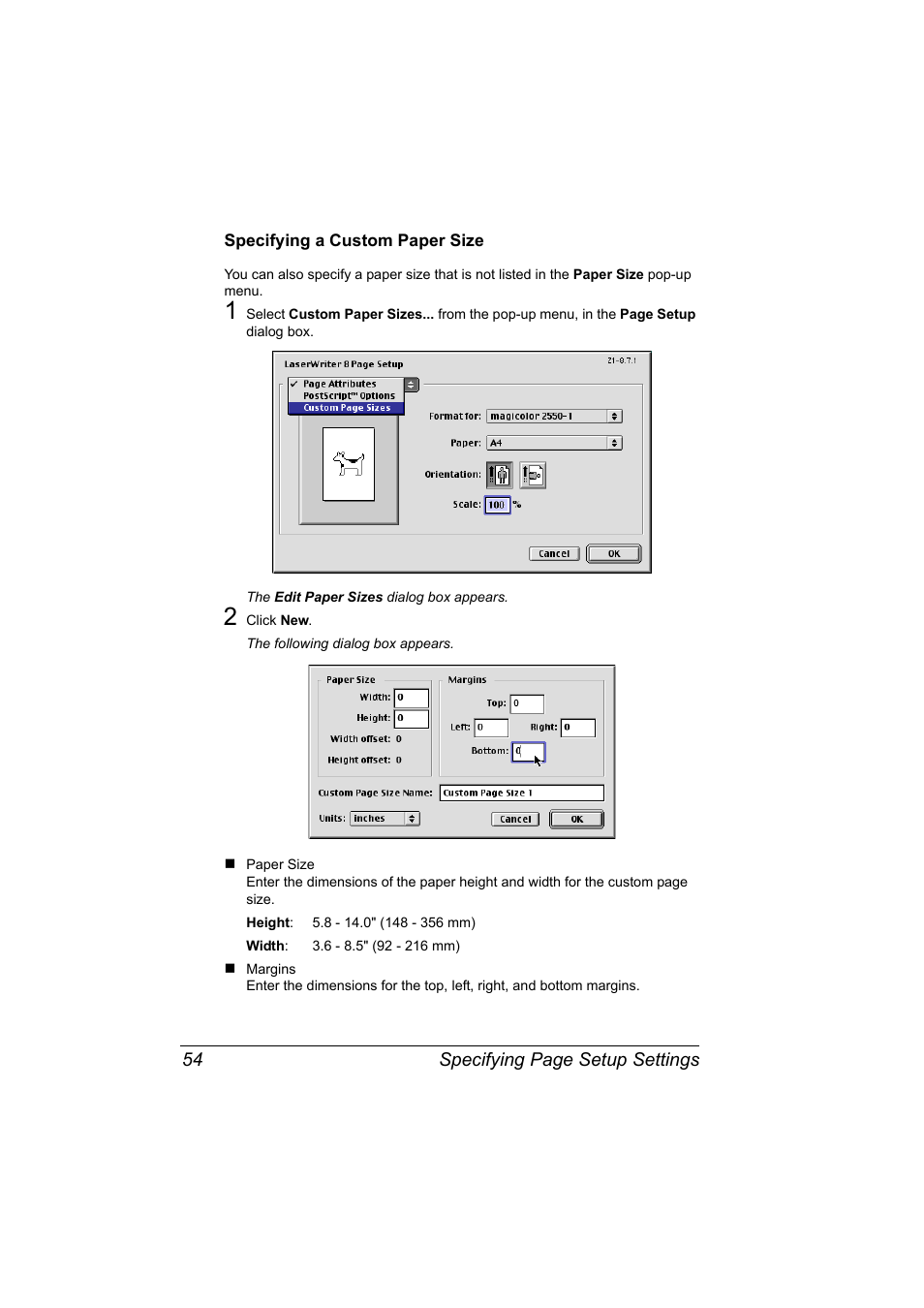 Specifying a custom paper size, Specifying a custom paper size 54 | Konica Minolta Magicolor 2550 User Manual | Page 70 / 230