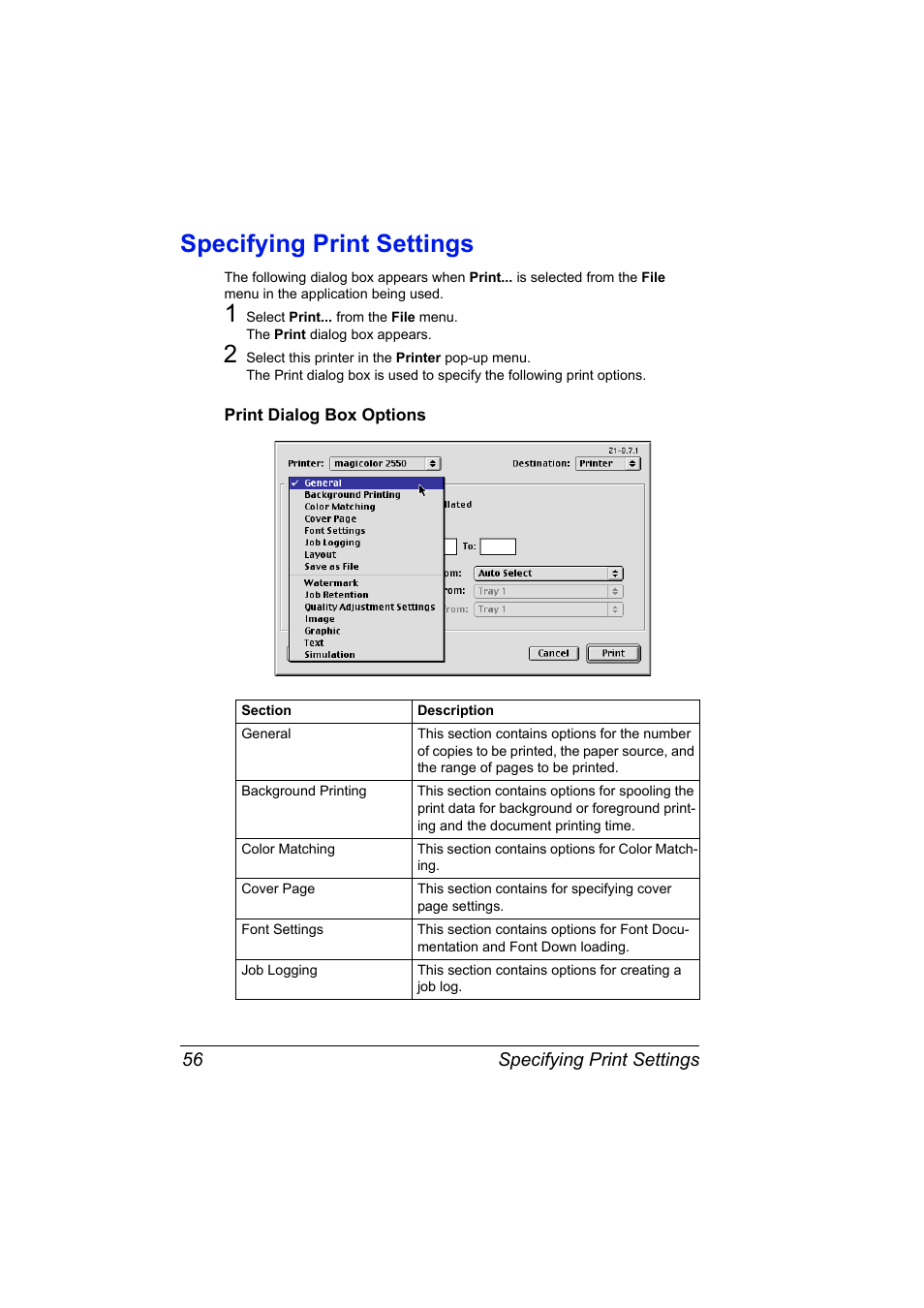 Specifying print settings, Print dialog box options, Specifying print settings 56 | Print dialog box options 56 | Konica Minolta Magicolor 2550 User Manual | Page 72 / 230