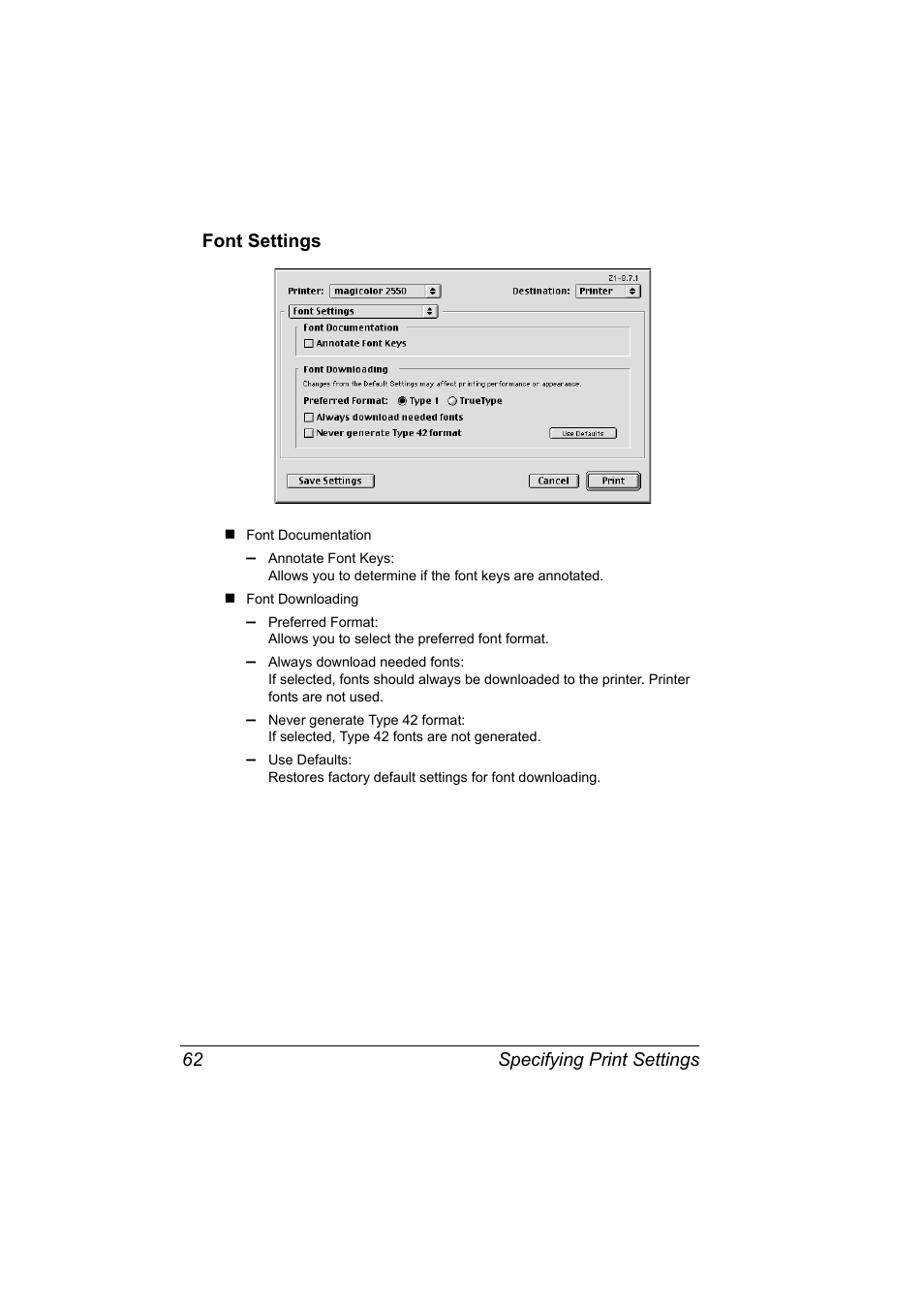 Font settings, Font settings 62 | Konica Minolta Magicolor 2550 User Manual | Page 78 / 230