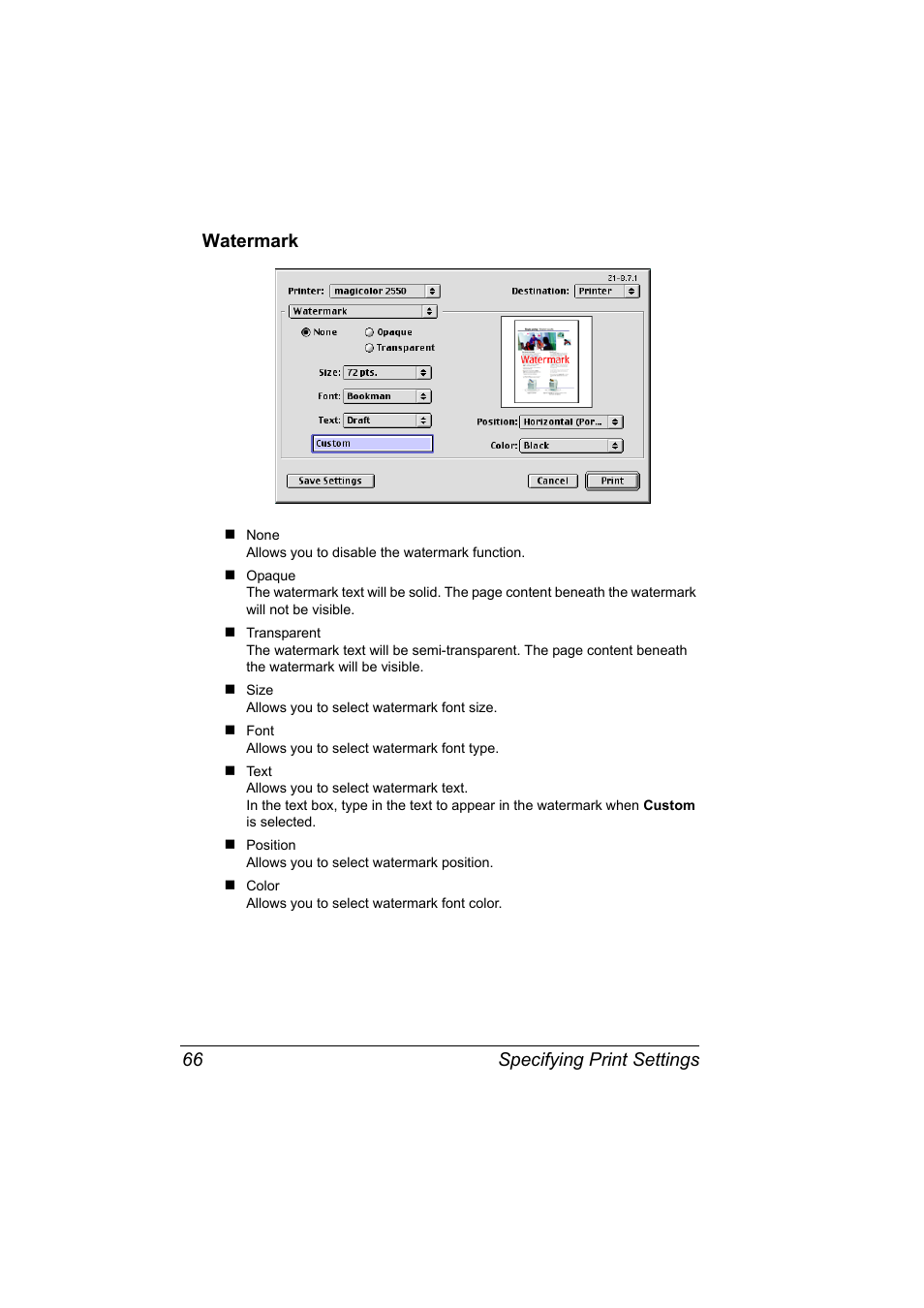 Watermark, Watermark 66, Specifying print settings 66 watermark | Konica Minolta Magicolor 2550 User Manual | Page 82 / 230