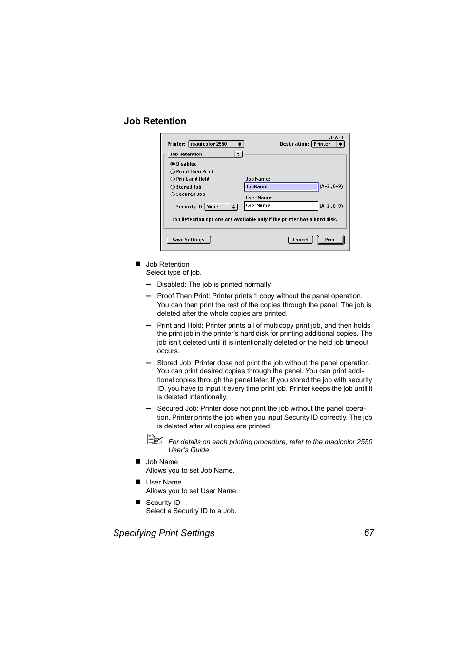 Job retention, Job retention 67 | Konica Minolta Magicolor 2550 User Manual | Page 83 / 230