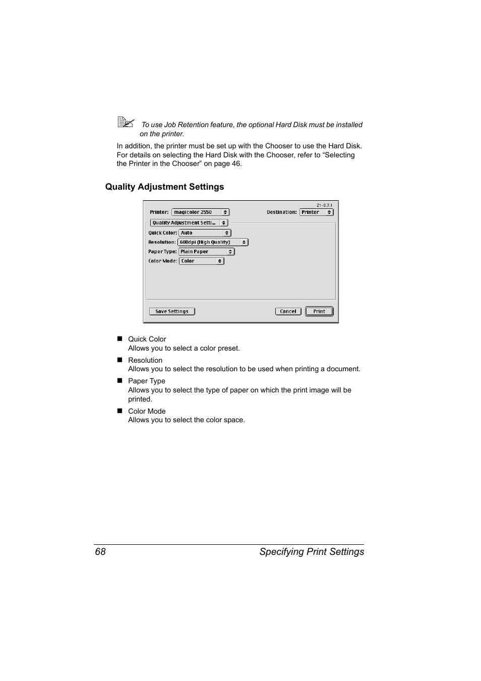 Quality adjustment settings, Quality adjustment settings 68 | Konica Minolta Magicolor 2550 User Manual | Page 84 / 230