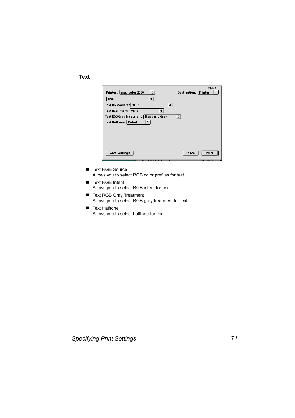 Text, Text 71, Specifying print settings 71 | Konica Minolta Magicolor 2550 User Manual | Page 87 / 230