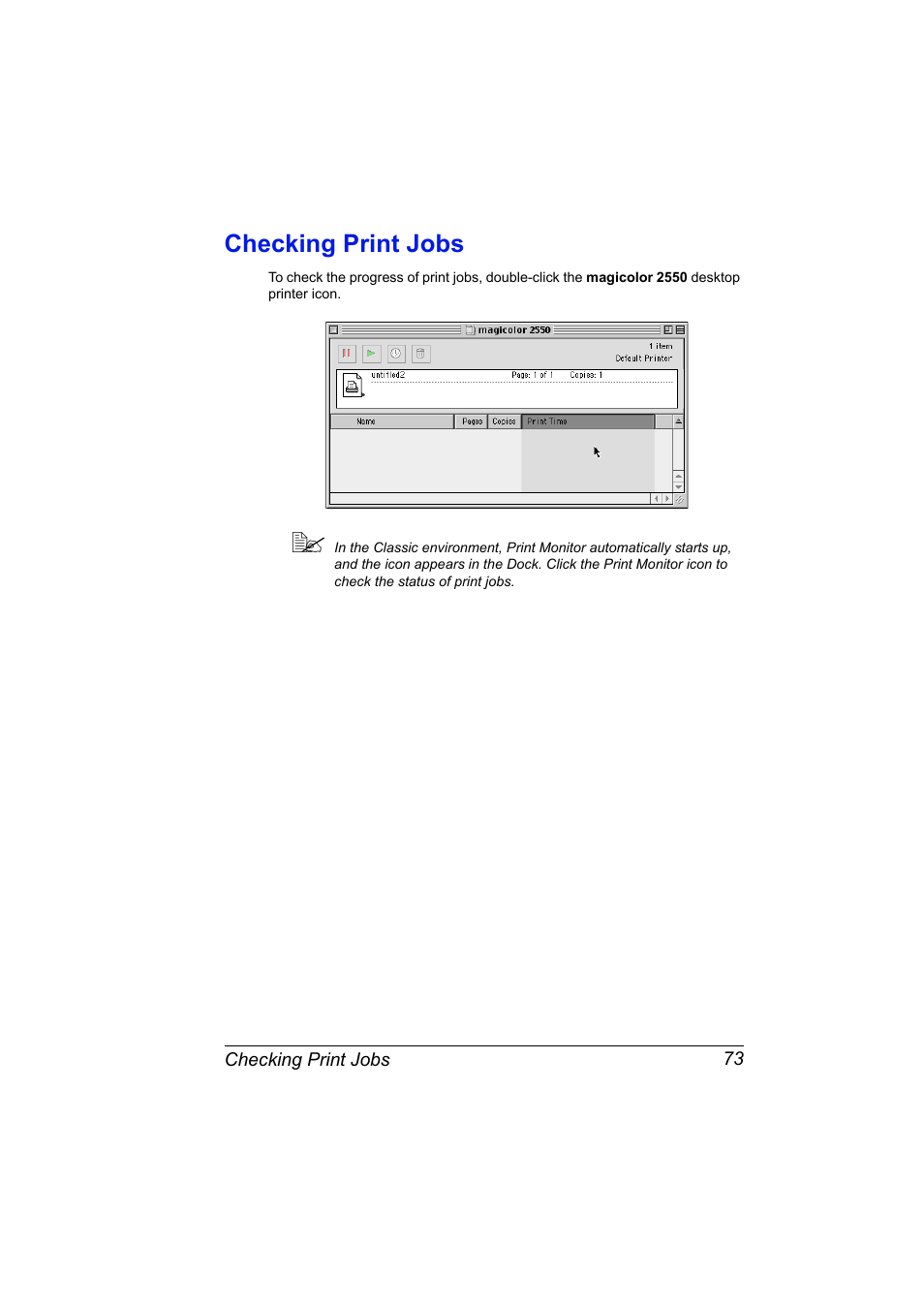 Checking print jobs, Checking print jobs 73 | Konica Minolta Magicolor 2550 User Manual | Page 89 / 230