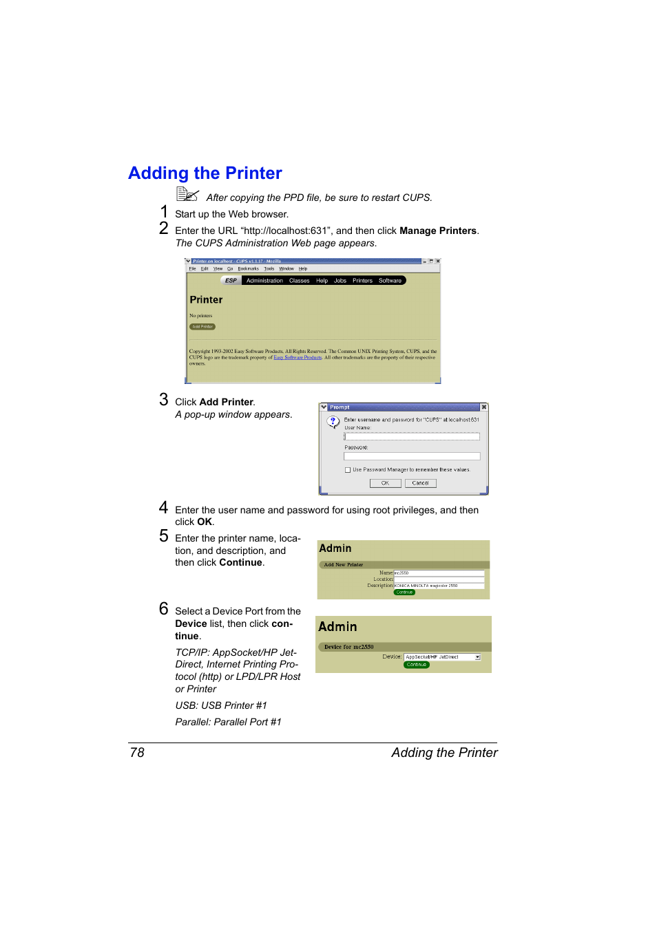 Adding the printer, Adding the printer 78 | Konica Minolta Magicolor 2550 User Manual | Page 94 / 230