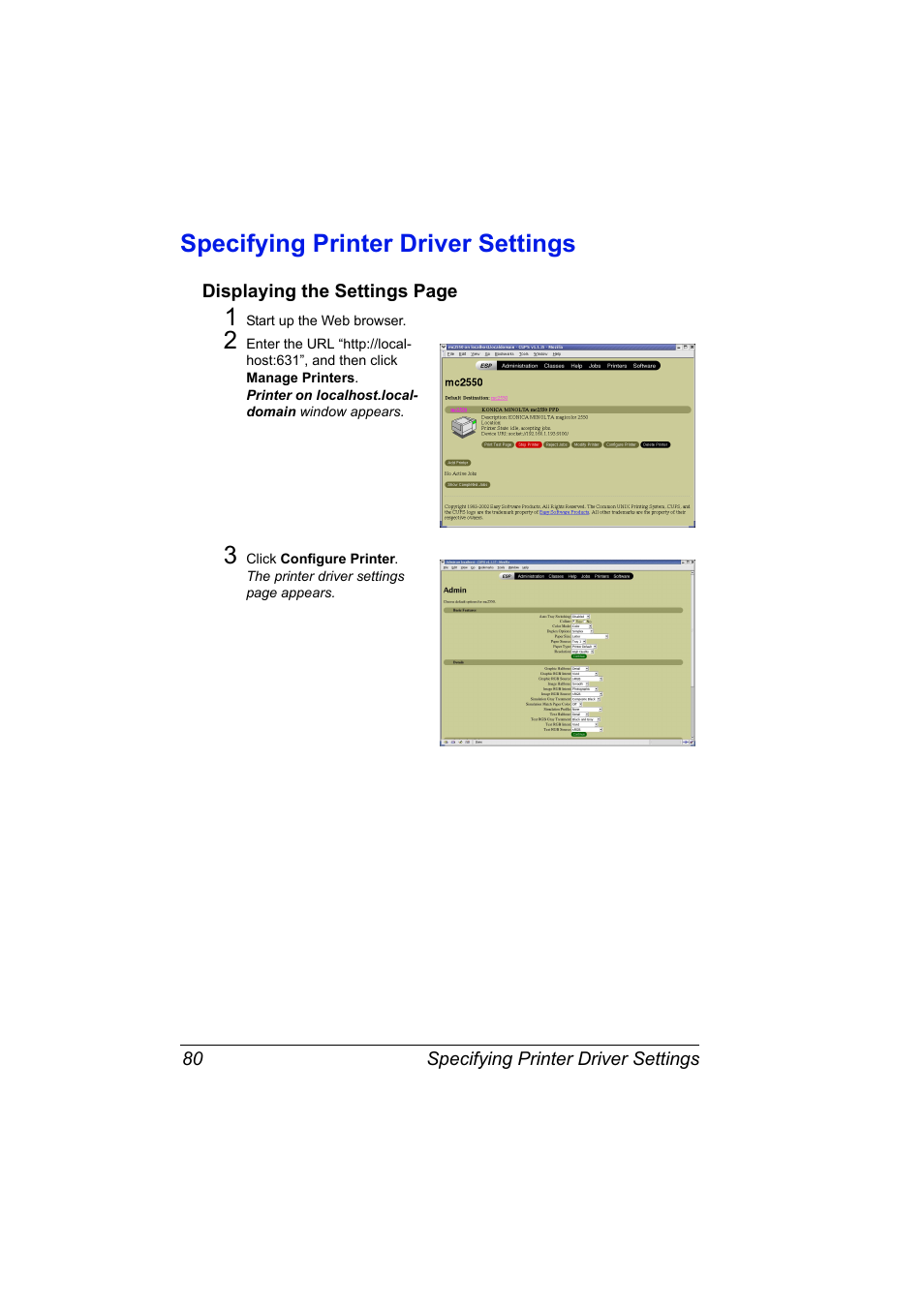 Specifying printer driver settings, Specifying printer driver settings 80 | Konica Minolta Magicolor 2550 User Manual | Page 96 / 230