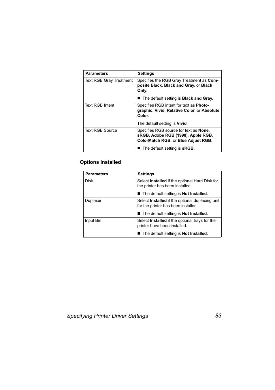 Options installed, Options installed 83, Specifying printer driver settings 83 | Konica Minolta Magicolor 2550 User Manual | Page 99 / 230