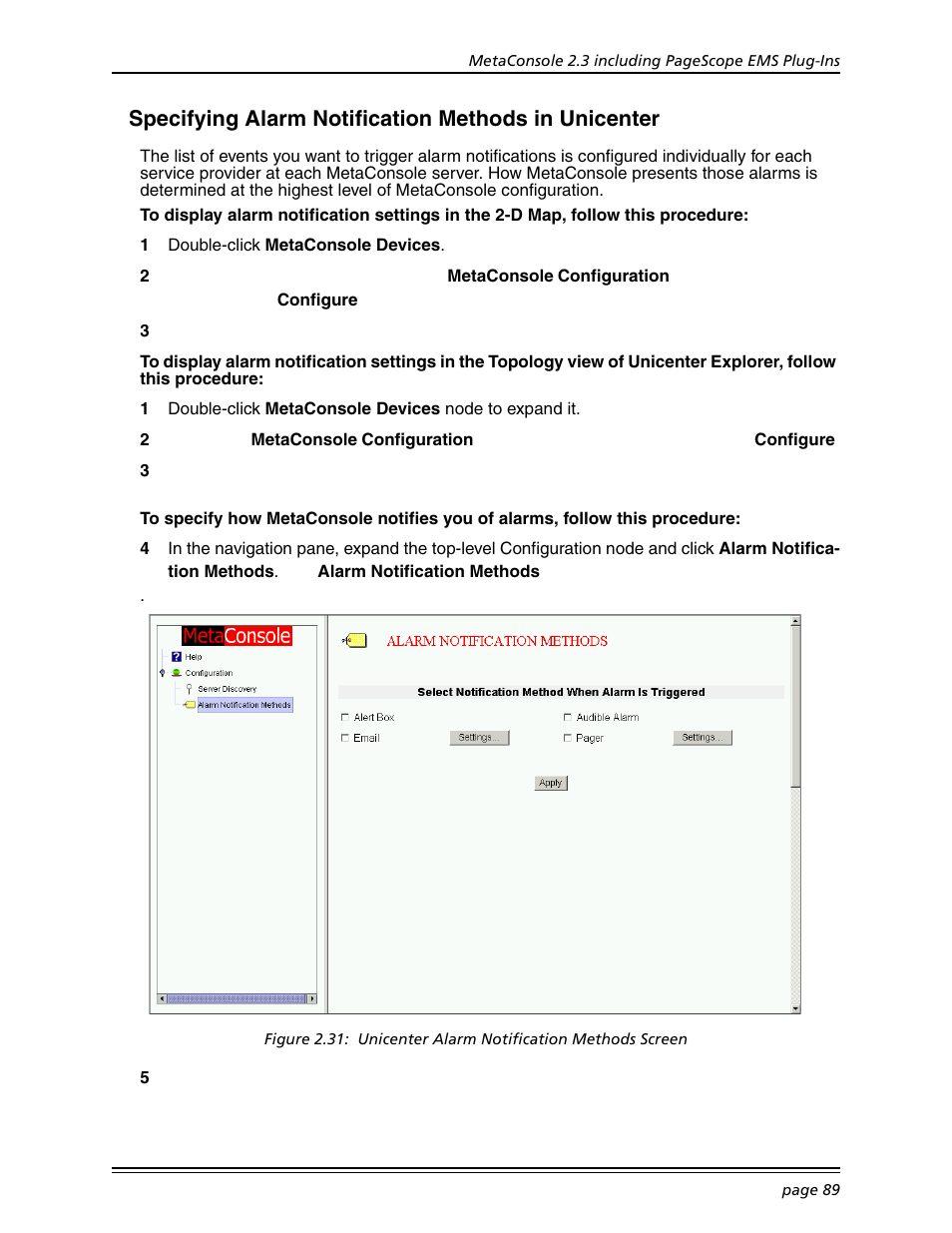 Specifying alarm notification methods in unicenter, Specifying alarm notification methods in | Konica Minolta BIZHUB C30P User Manual | Page 103 / 167