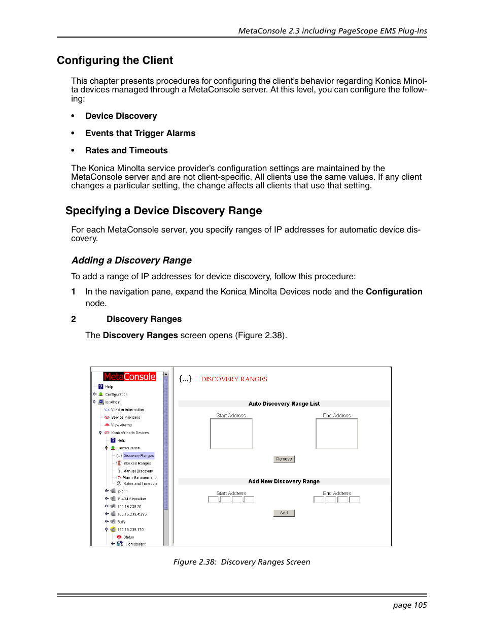 Configuring the client, Specifying a device discovery range, Adding a discovery range | Konica Minolta BIZHUB C30P User Manual | Page 119 / 167