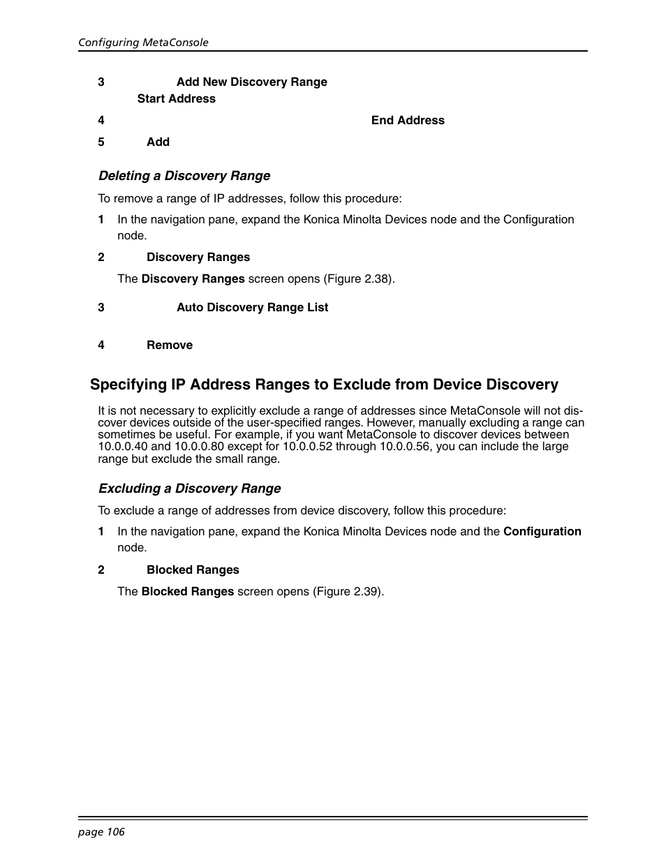 Deleting a discovery range, Excluding a discovery range, Specifying ip address ranges to exclude | Konica Minolta BIZHUB C30P User Manual | Page 120 / 167