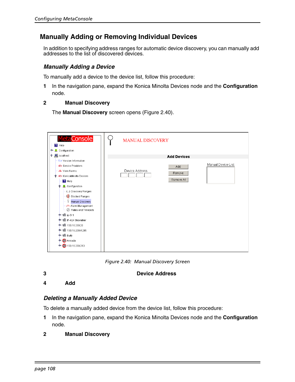 Manually adding or removing individual devices, Manually adding a device, Deleting a manually added device | Manually adding or removing individual | Konica Minolta BIZHUB C30P User Manual | Page 122 / 167