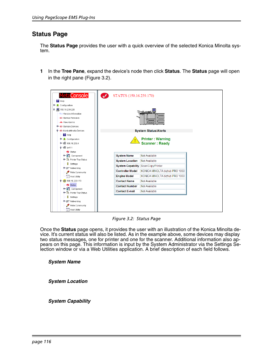 Status page | Konica Minolta BIZHUB C30P User Manual | Page 130 / 167
