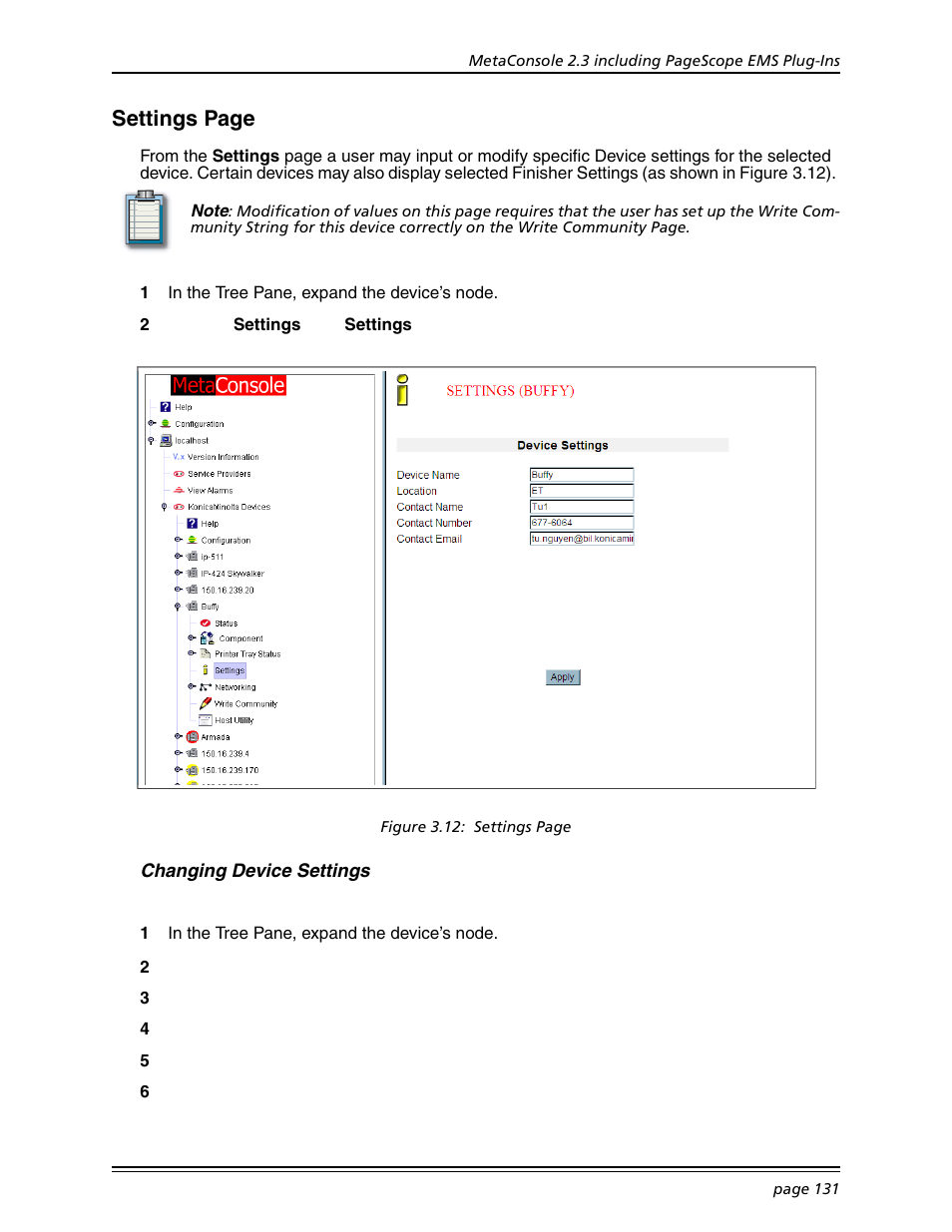 Changing device settings, Settings page | Konica Minolta BIZHUB C30P User Manual | Page 145 / 167