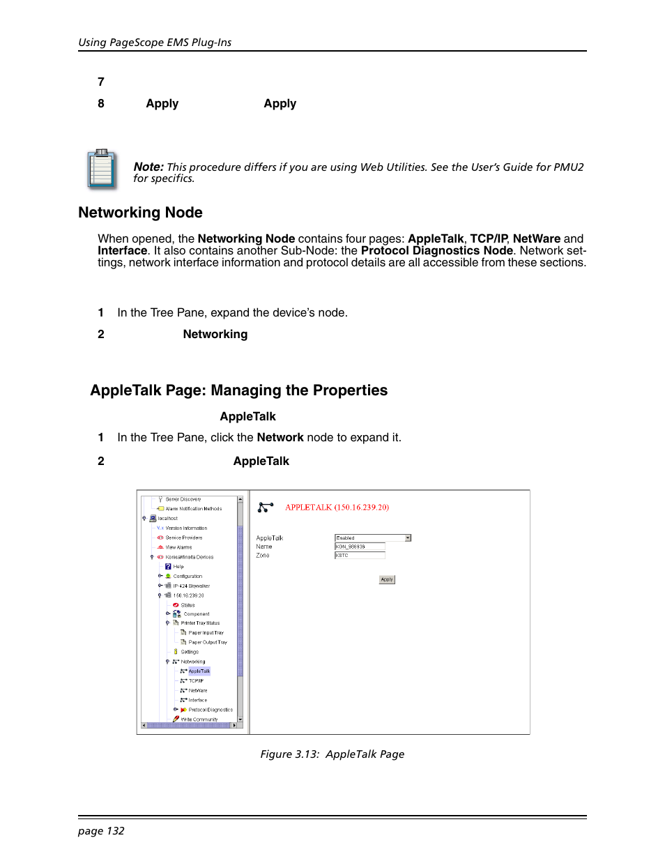 Networking node, Appletalk page: managing the properties | Konica Minolta BIZHUB C30P User Manual | Page 146 / 167