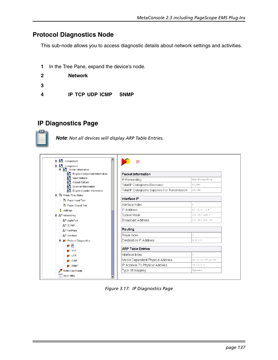 Protocol diagnostics node, Ip diagnostics page | Konica Minolta BIZHUB C30P User Manual | Page 151 / 167