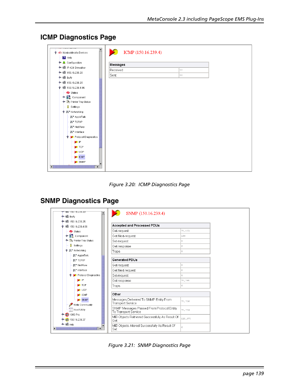 Icmp diagnostics page, Snmp diagnostics page | Konica Minolta BIZHUB C30P User Manual | Page 153 / 167