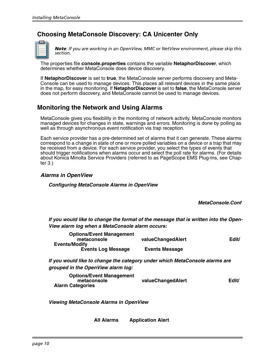 Choosing metaconsole discovery: ca unicenter only, Monitoring the network and using alarms, Alarms in openview | Choosing metaconsole discovery | Konica Minolta BIZHUB C30P User Manual | Page 24 / 167