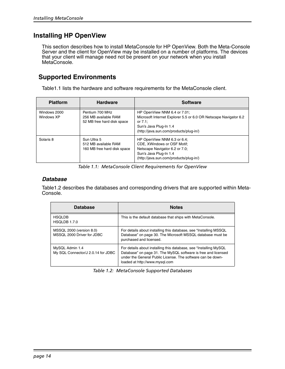 Installing hp openview, Supported environments, Database | Konica Minolta BIZHUB C30P User Manual | Page 28 / 167