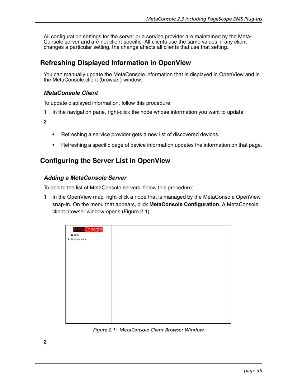 Refreshing displayed information in openview, Metaconsole client, Configuring the server list in openview | Adding a metaconsole server, Refreshing displayed information in openview . 35 | Konica Minolta BIZHUB C30P User Manual | Page 49 / 167