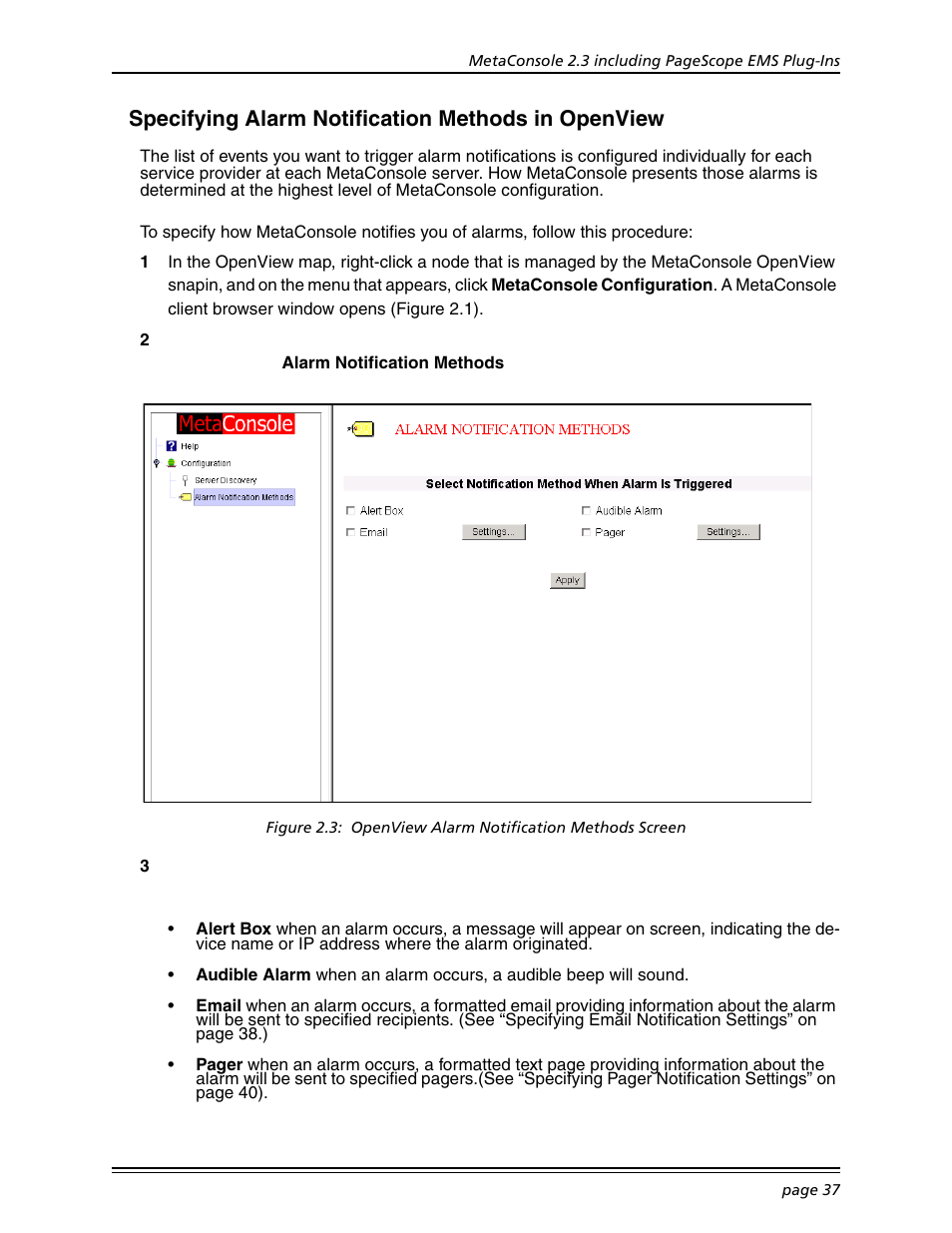 Specifying alarm notification methods in openview, Specifying alarm notification methods in | Konica Minolta BIZHUB C30P User Manual | Page 51 / 167