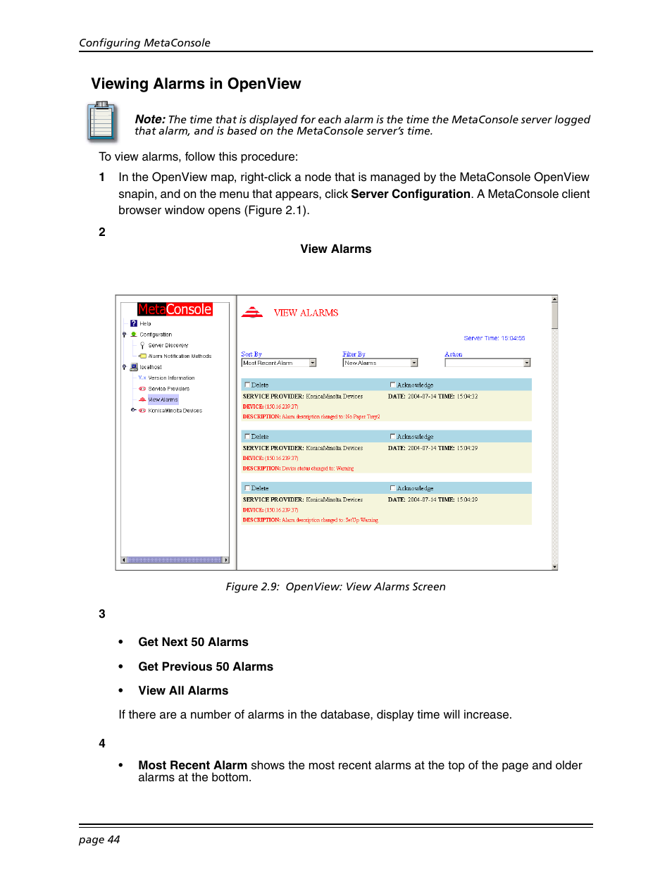 Viewing alarms in openview | Konica Minolta BIZHUB C30P User Manual | Page 58 / 167