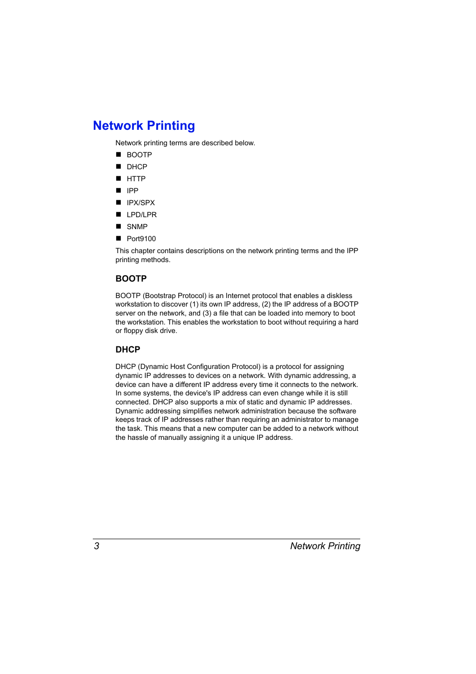 Network printing, Bootp, Dhcp | Network printing 3, Bootp 3 dhcp 3 | Konica Minolta PagePro 1350EN User Manual | Page 10 / 112