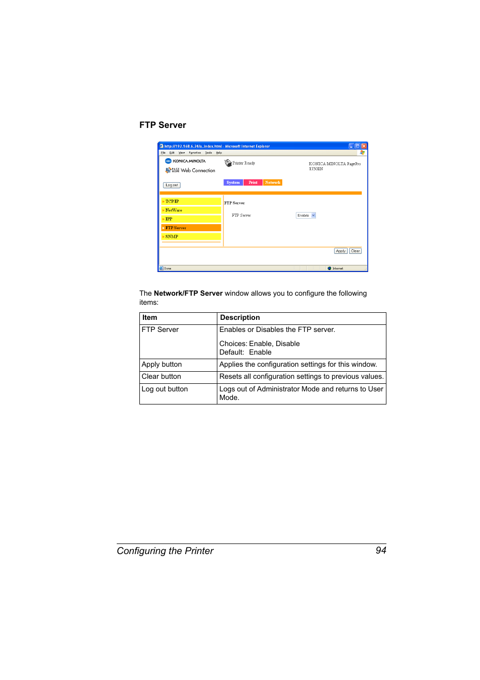 Ftp server, Ftp server 94, Configuring the printer 94 | Konica Minolta PagePro 1350EN User Manual | Page 101 / 112