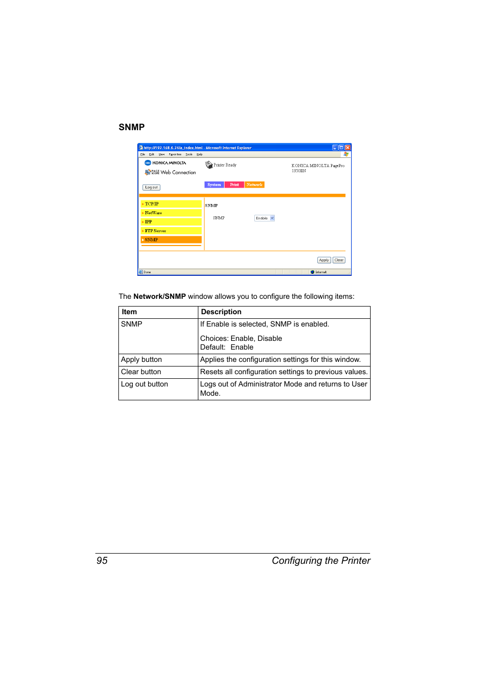 Snmp, Snmp 95, Configuring the printer 95 | Konica Minolta PagePro 1350EN User Manual | Page 102 / 112