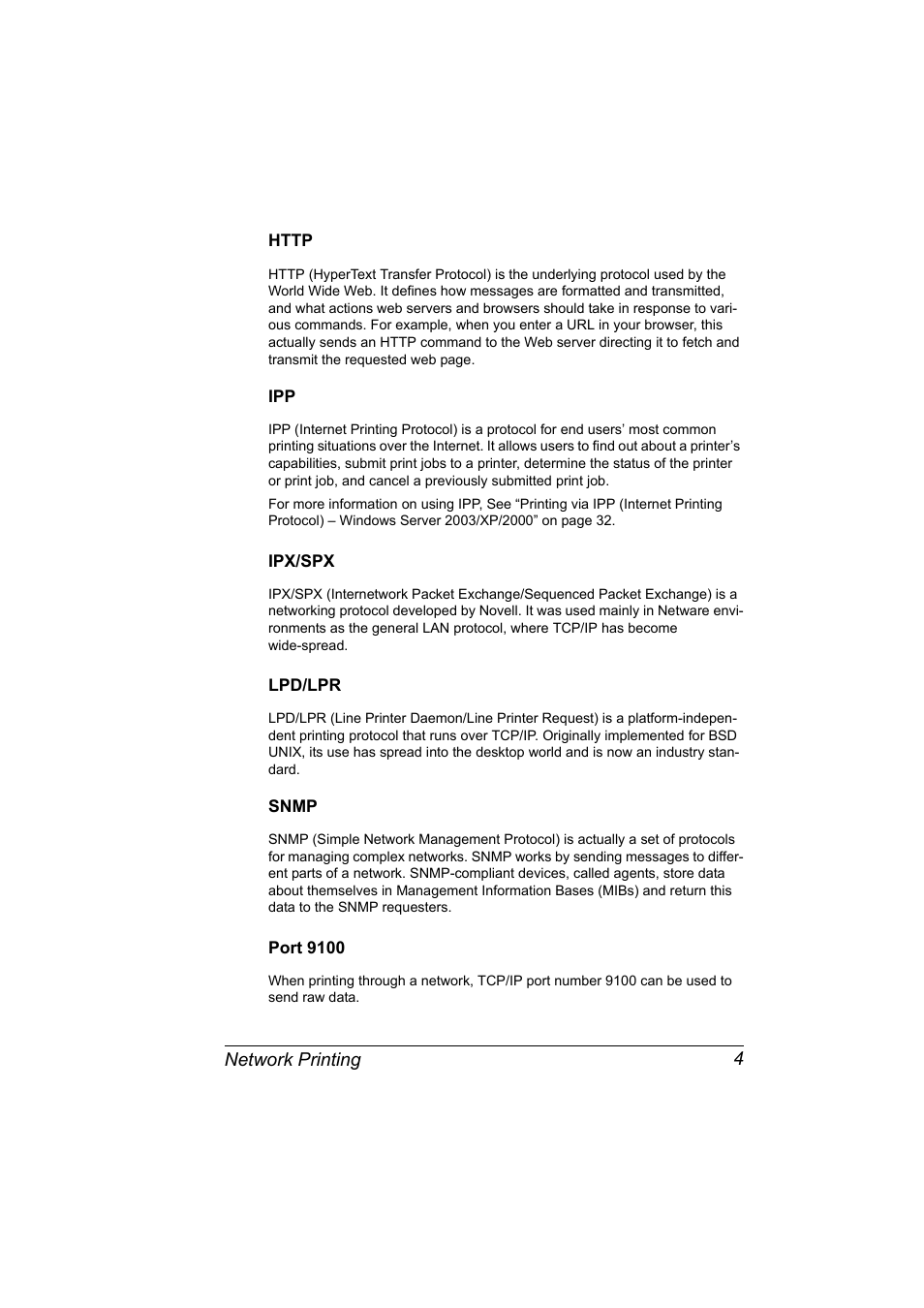 Http, Ipx/spx, Lpd/lpr | Snmp, Port 9100 | Konica Minolta PagePro 1350EN User Manual | Page 11 / 112