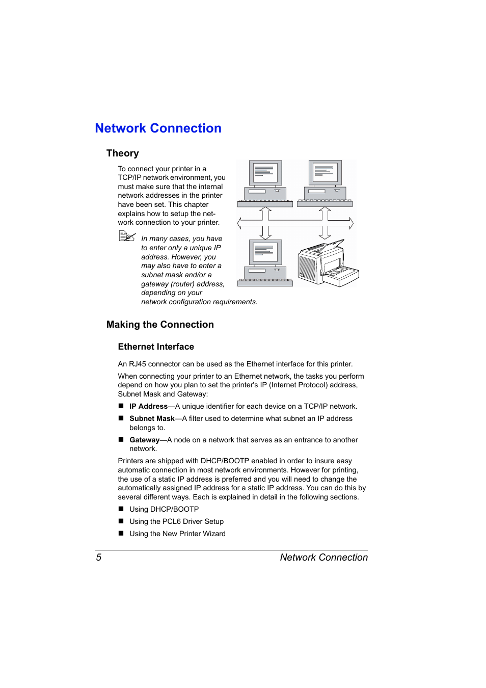 Network connection, Theory, Making the connection | Ethernet interface, Network connection 5, Theory 5 making the connection 5, Ethernet interface 5 | Konica Minolta PagePro 1350EN User Manual | Page 12 / 112