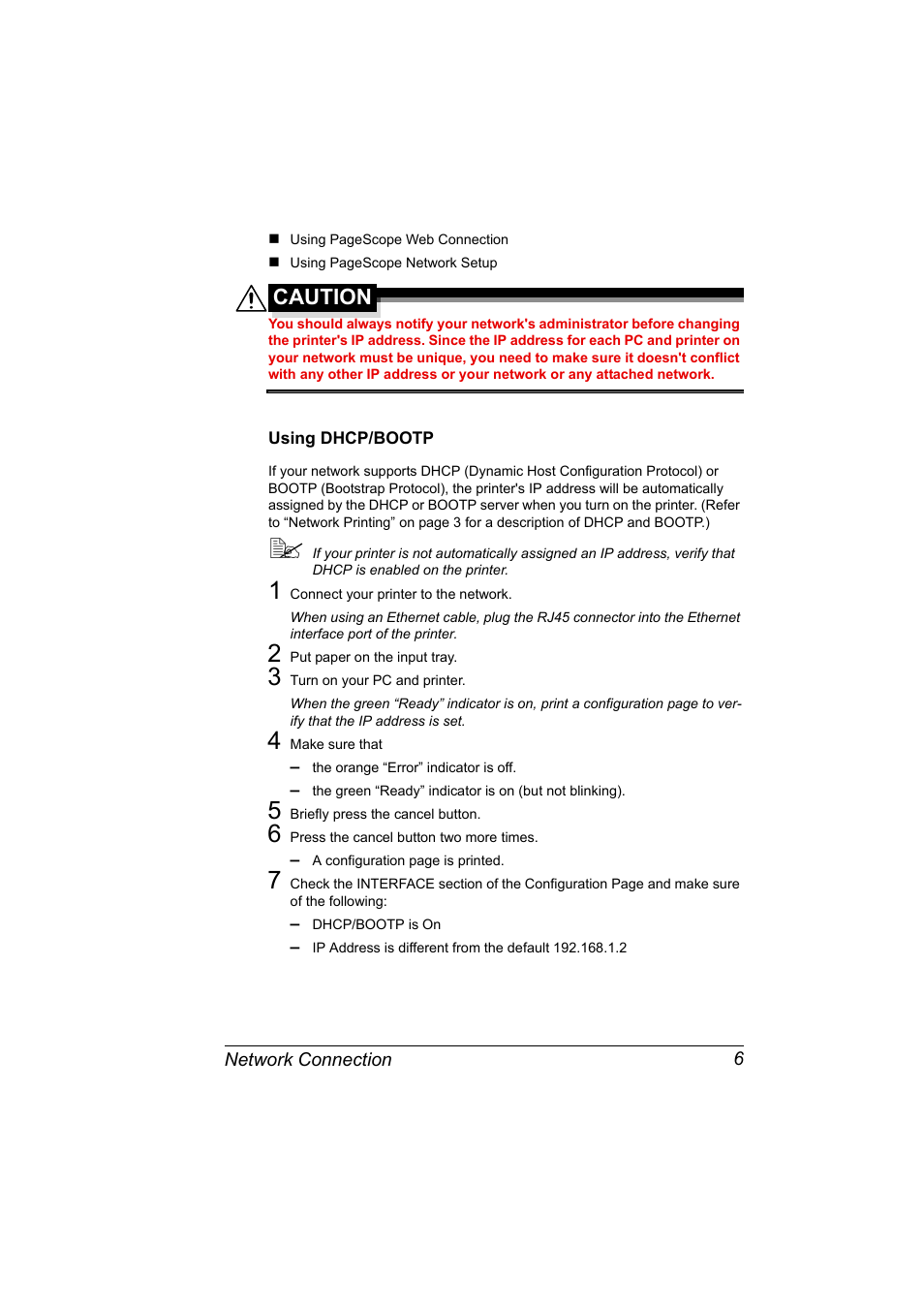 Using dhcp/bootp, Using dhcp/bootp 6, Caution | Konica Minolta PagePro 1350EN User Manual | Page 13 / 112