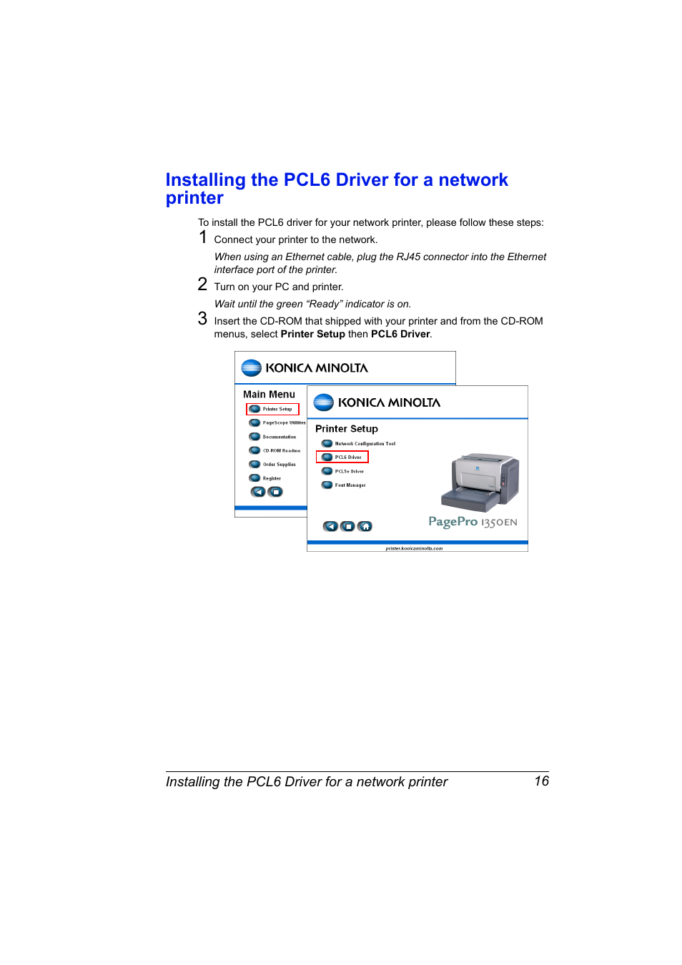 Installing the pcl6 driver for a network printer | Konica Minolta PagePro 1350EN User Manual | Page 23 / 112