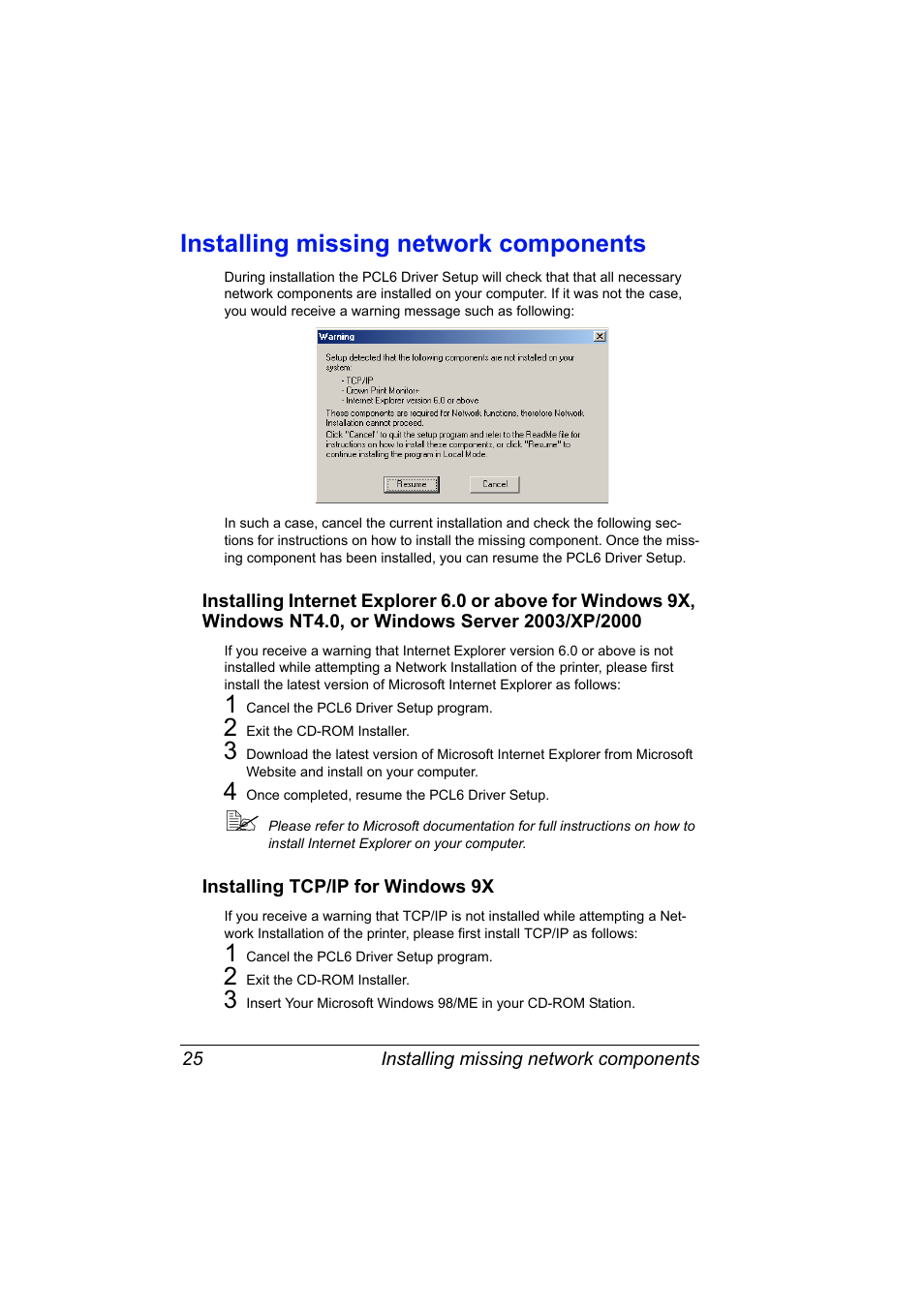 Installing missing network components, Installing tcp/ip for windows 9x, Installing missing network components 25 | Konica Minolta PagePro 1350EN User Manual | Page 32 / 112