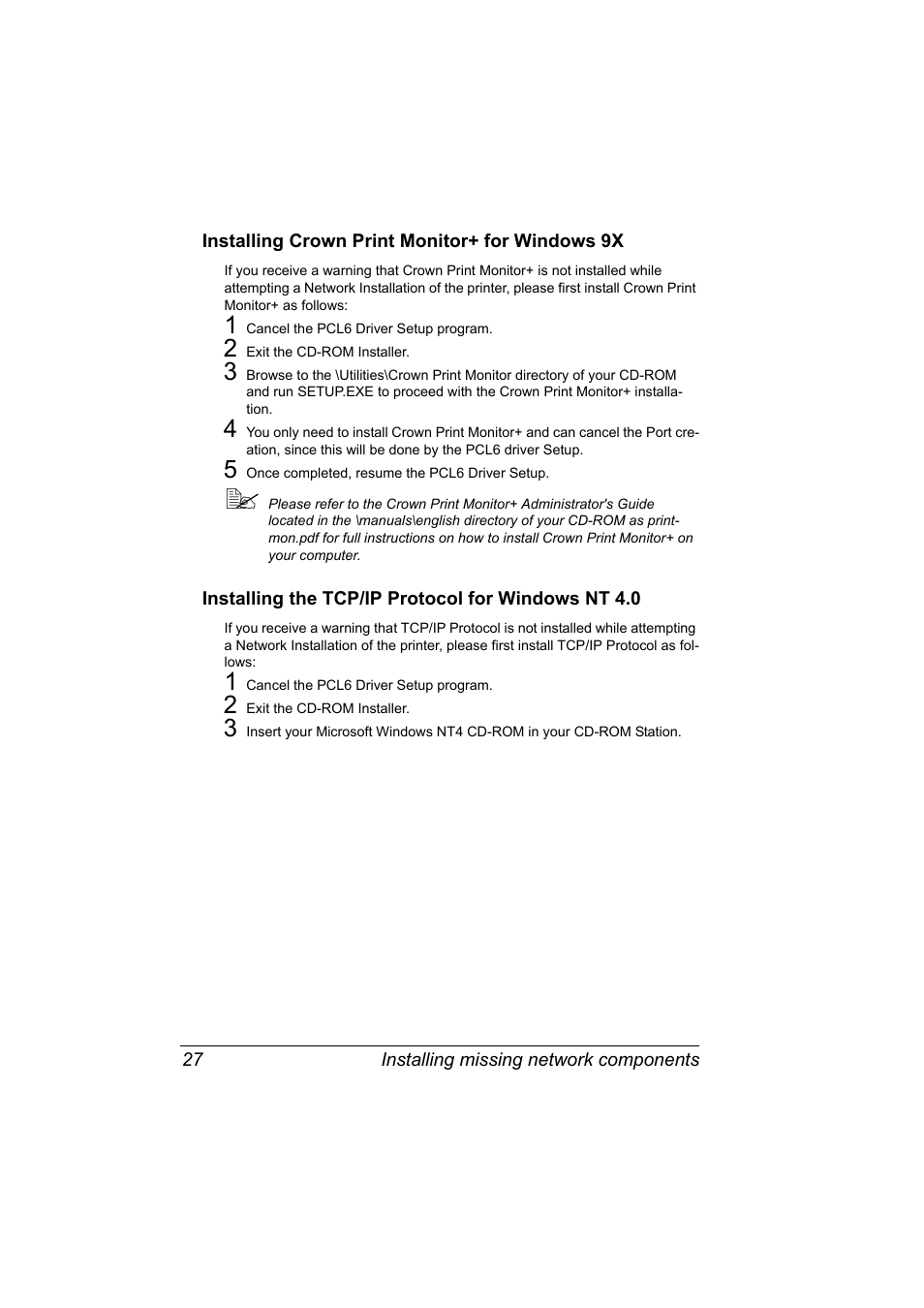 Installing crown print monitor+ for windows 9x, Installing the tcp/ip protocol for windows nt 4.0 | Konica Minolta PagePro 1350EN User Manual | Page 34 / 112