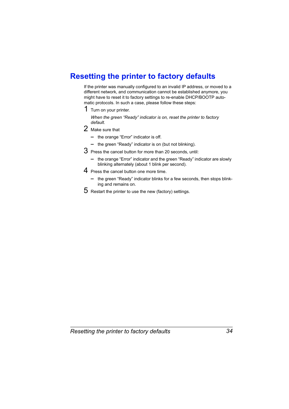 Resetting the printer to factory defaults, Resetting the printer to factory defaults 34 | Konica Minolta PagePro 1350EN User Manual | Page 41 / 112