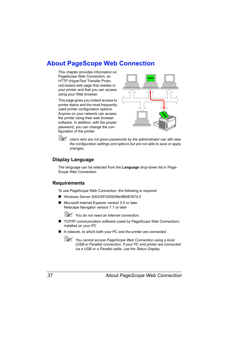 Display language, Requirements, Display language 37 requirements 37 | About pagescope web connection | Konica Minolta PagePro 1350EN User Manual | Page 44 / 112