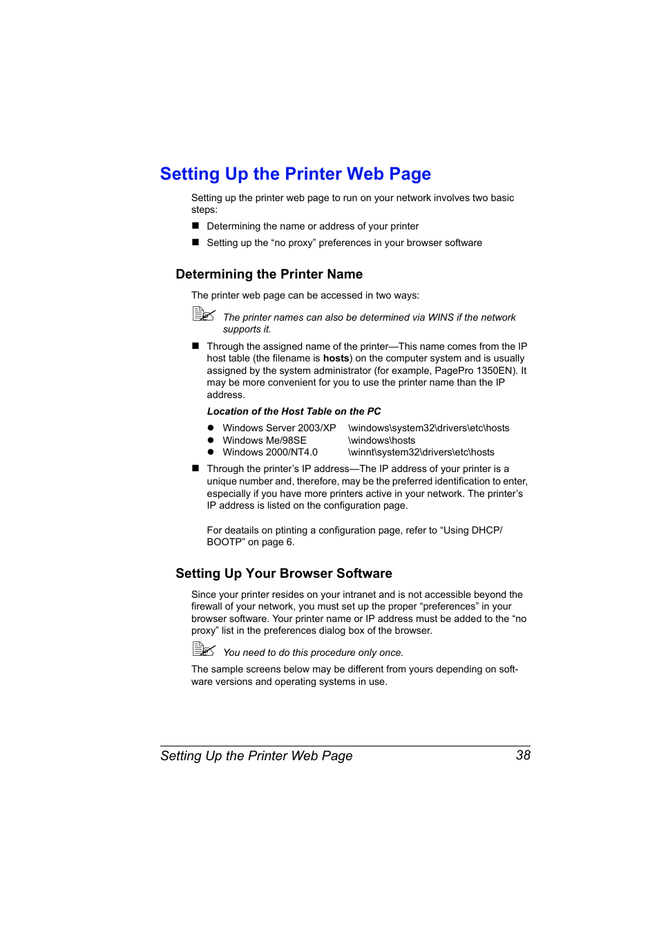 Determining the printer name, Setting up your browser software, Setting up the printer web page | Konica Minolta PagePro 1350EN User Manual | Page 45 / 112