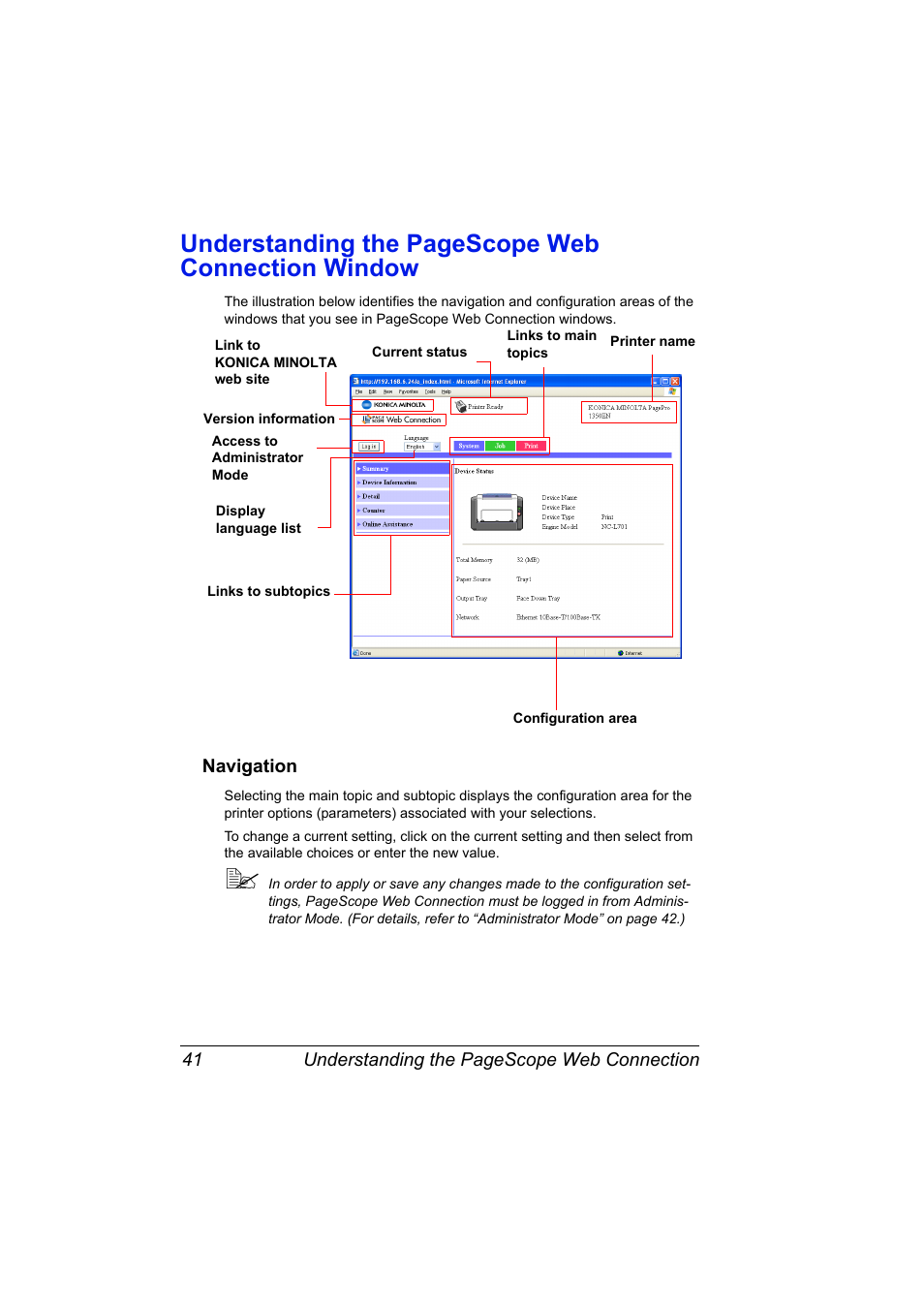 Navigation, Navigation 41, Understanding the pagescope web connection window | Konica Minolta PagePro 1350EN User Manual | Page 48 / 112