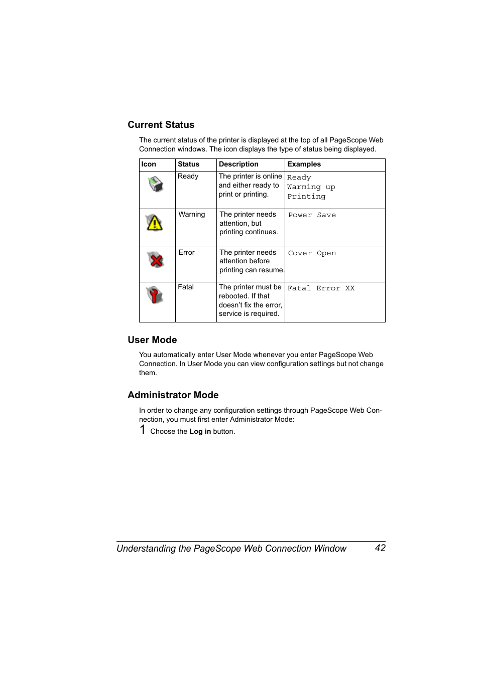 Current status, User mode, Administrator mode | Konica Minolta PagePro 1350EN User Manual | Page 49 / 112